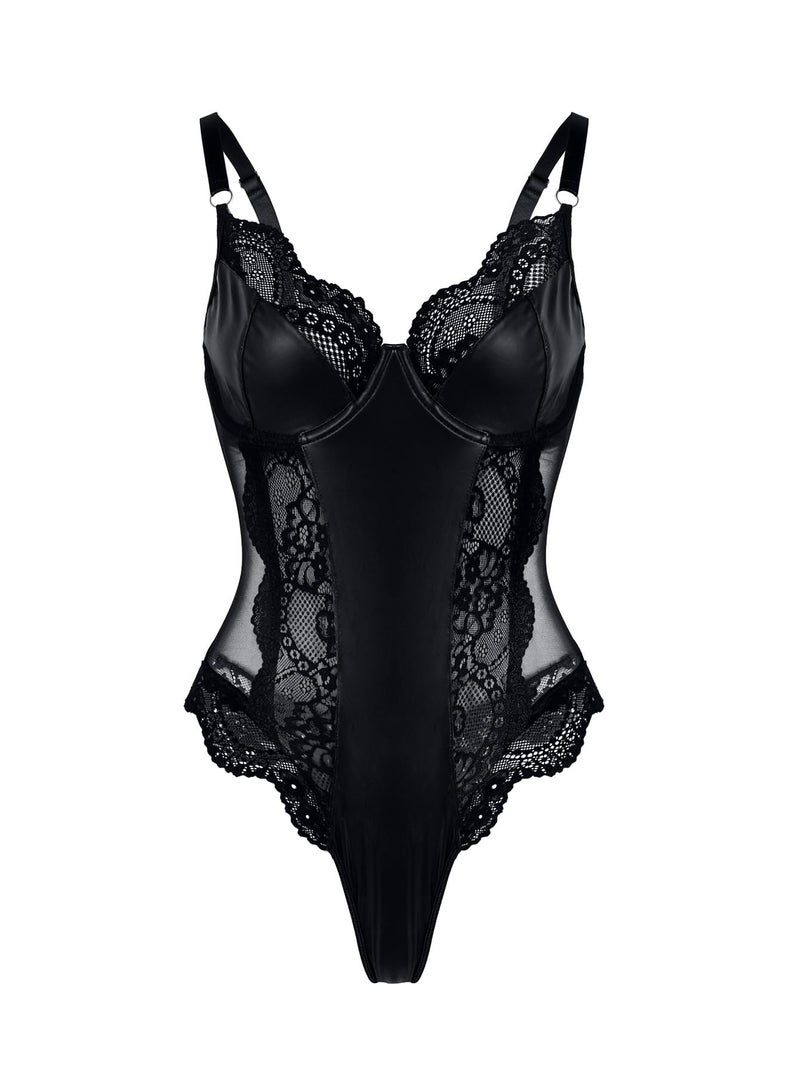 Lilosy Sexy Leather Underwire Push Up Floral Lace Sheer Corset Lingerie Women Teddy Bodysuit Bustier Top One Piece Latex Black Medium - Image 3
