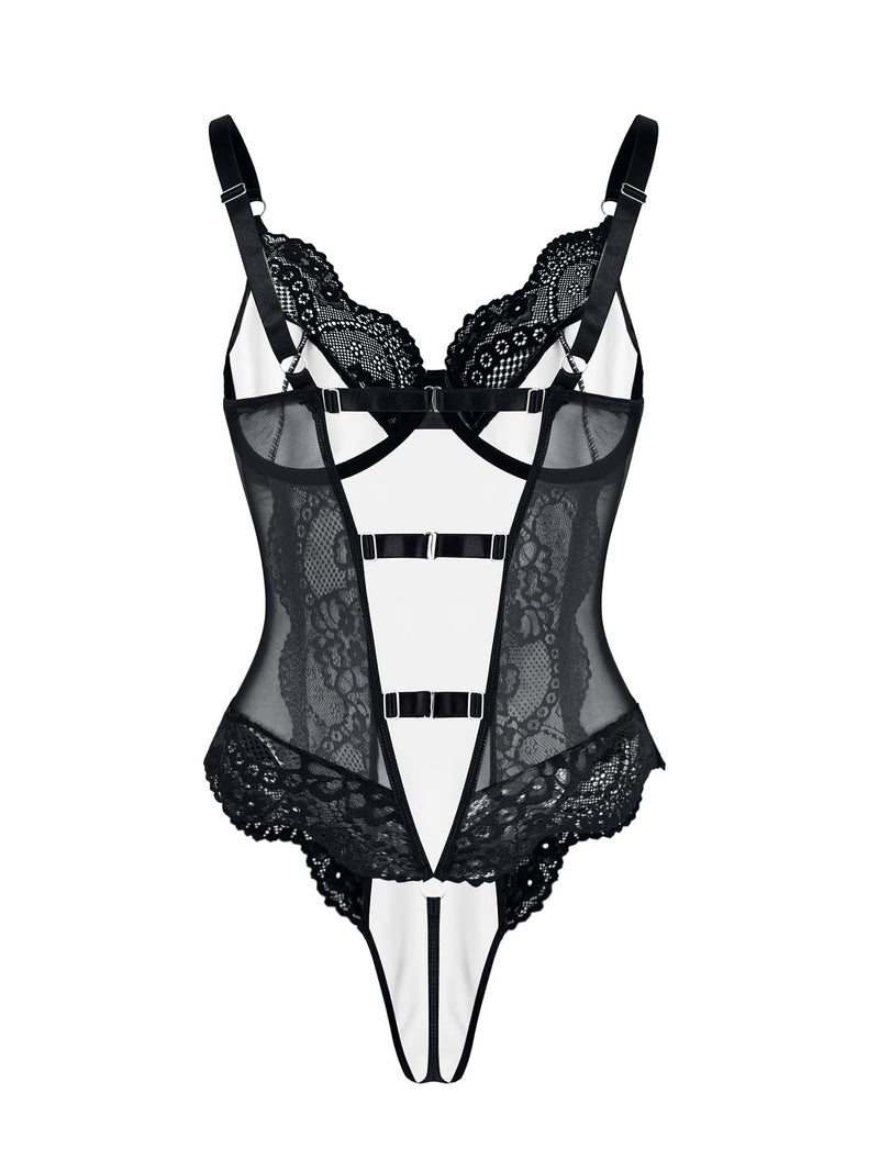 Lilosy Sexy Leather Underwire Push Up Floral Lace Sheer Corset Lingerie Women Teddy Bodysuit Bustier Top One Piece Latex Black Medium - Image 4