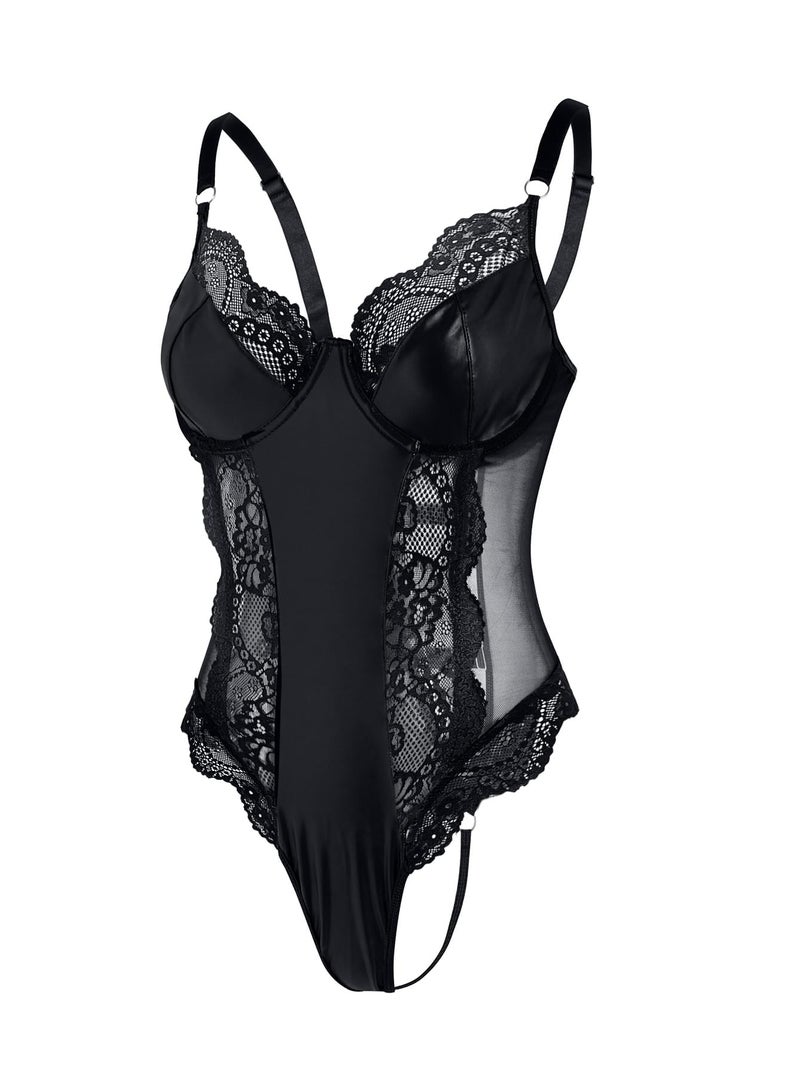 Lilosy Sexy Leather Underwire Push Up Floral Lace Sheer Corset Lingerie Women Teddy Bodysuit Bustier Top One Piece Latex Black Medium - Image 5