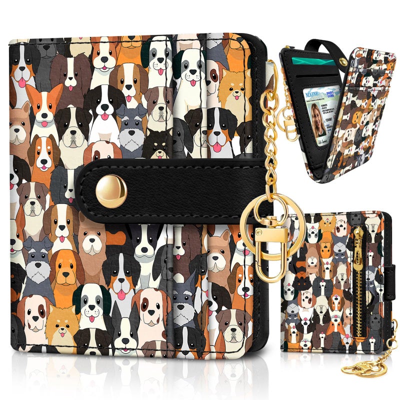 Jogjam Dogs Rfid Women Wallet, Small Slim Thin Credit Card Wallet, PU Leather Bifold Cash Zipper Coin Pocket ID Window for Female Ladies Teen Girls Girly - Image 1