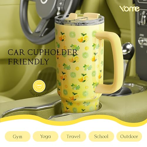 YOME 40 oz Lemon Yellow Tumbler with Handle and Flip Straw for Women | Stainless Steel Insulated Water Bottle | Keeps Drinks Cold | Dishwasher Safe | Cupholder Friendly | Gift Gym Travel Yoga - Image 3
