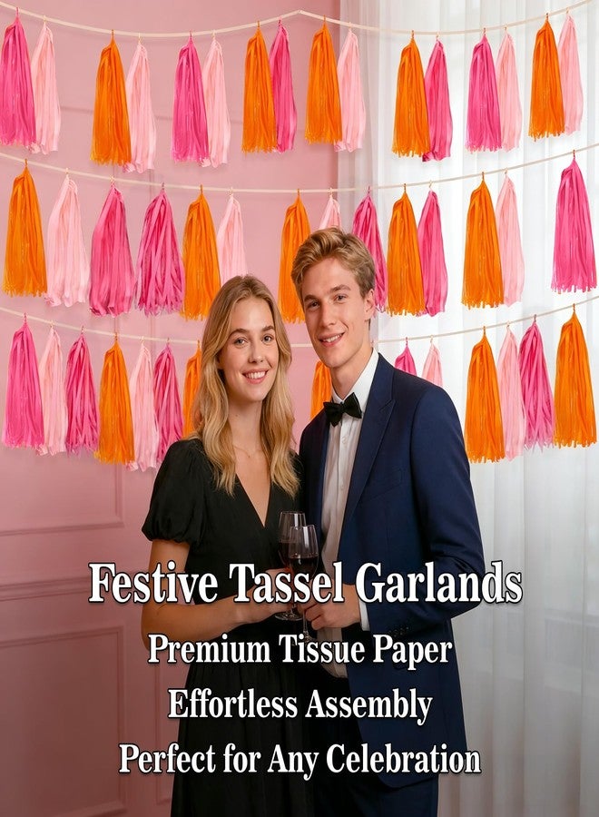 Rainflow Pink Tassel Garland Party Decorations – 15 Tissue Paper Tassels Banner in Rose Red and Orange for Birthday Decorations, Pink Birthday Party Decor, Graduation, Baby Shower Valentines Backdrop - Image 4