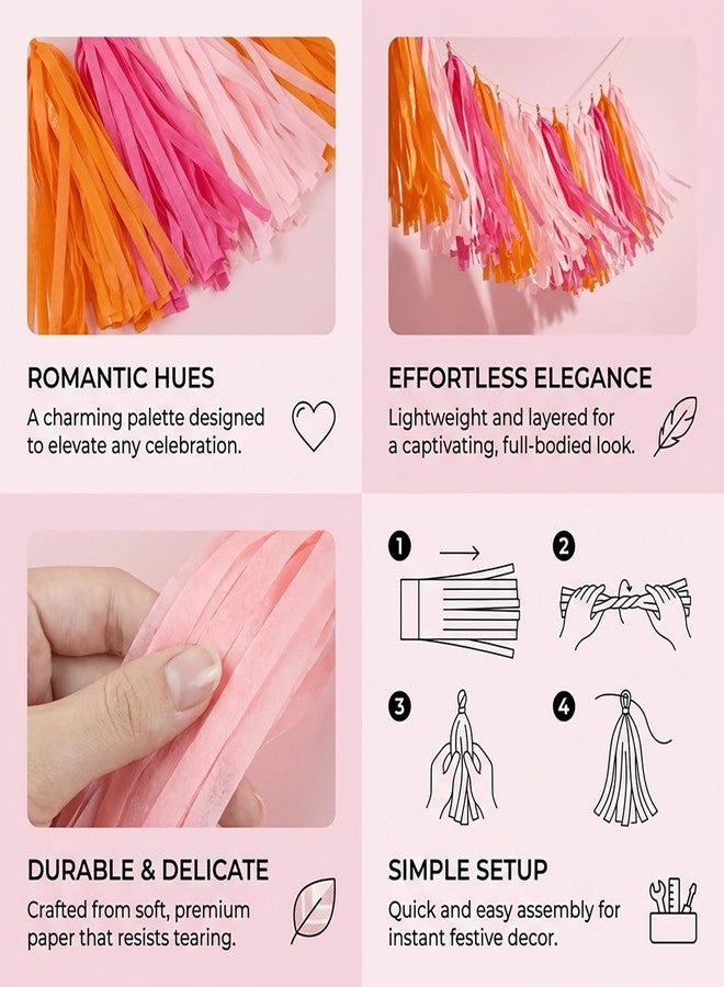 Rainflow Pink Tassel Garland Party Decorations – 15 Tissue Paper Tassels Banner in Rose Red and Orange for Birthday Decorations, Pink Birthday Party Decor, Graduation, Baby Shower Valentines Backdrop - Image 2