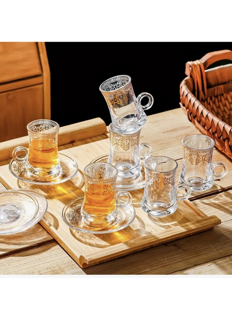 مجموعة أكواب وصحن زجاجي مكون من 6 قطع، كوب شاي مغربي ذهبي، كوب قهوة وطقم صحن، مناسب لحفلات الشاي، حفلات التدشين المنزلية، احتفالات الزفاف، الذكرى السنوية، ورمضان - Image 1