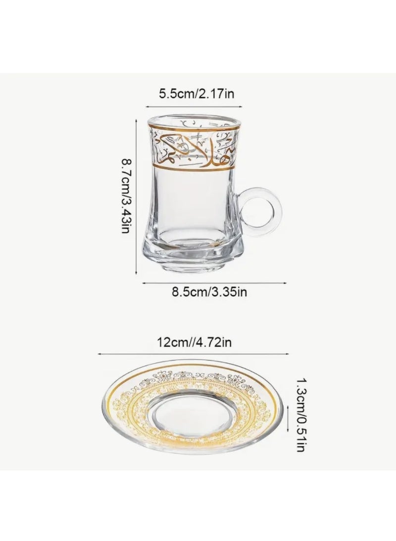 مجموعة أكواب وصحن زجاجي مكون من 6 قطع، كوب شاي مغربي ذهبي، كوب قهوة وطقم صحن، مناسب لحفلات الشاي، حفلات التدشين المنزلية، احتفالات الزفاف، الذكرى السنوية، ورمضان - Image 2