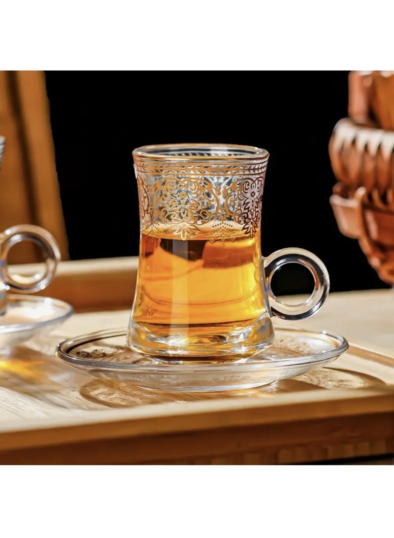مجموعة أكواب وصحن زجاجي مكون من 6 قطع، كوب شاي مغربي ذهبي، كوب قهوة وطقم صحن، مناسب لحفلات الشاي، حفلات التدشين المنزلية، احتفالات الزفاف، الذكرى السنوية، ورمضان - Image 3