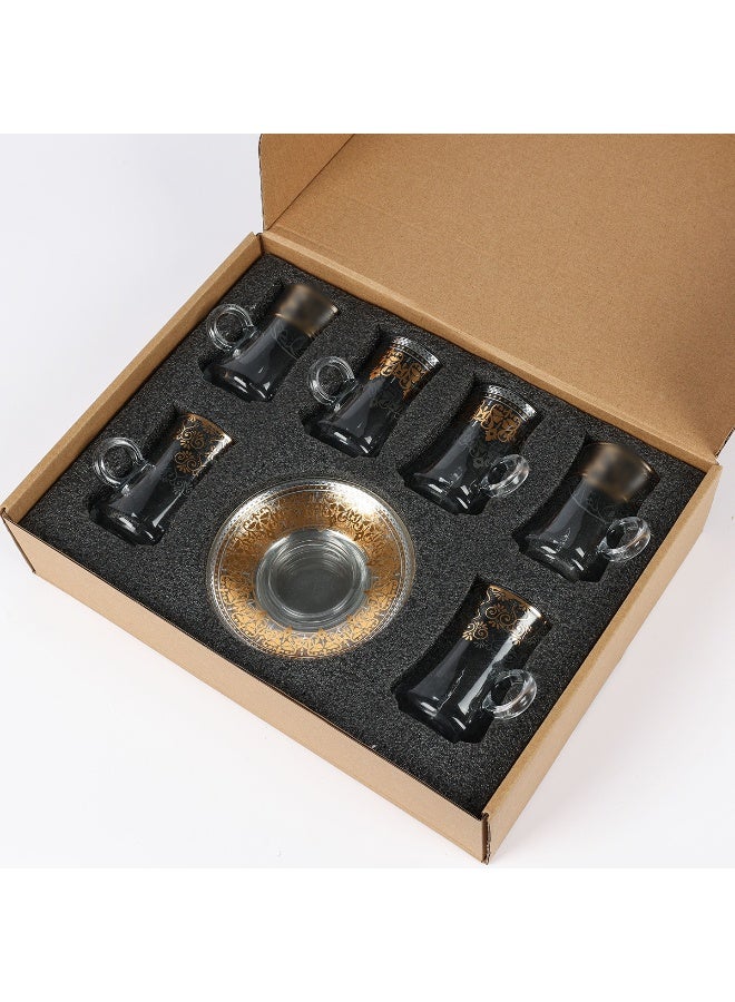 مجموعة أكواب وصحن زجاجي مكون من 6 قطع، كوب شاي مغربي ذهبي، كوب قهوة وطقم صحن، مناسب لحفلات الشاي، حفلات التدشين المنزلية، احتفالات الزفاف، الذكرى السنوية، ورمضان - Image 4