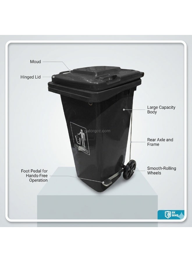EK Bins Plastic Pedal Garbage Bin | Heavy Duty Wheeled Waste Container with Covered Lid | Commercial Outdoor Trash Can | 240L | Black - Image 2