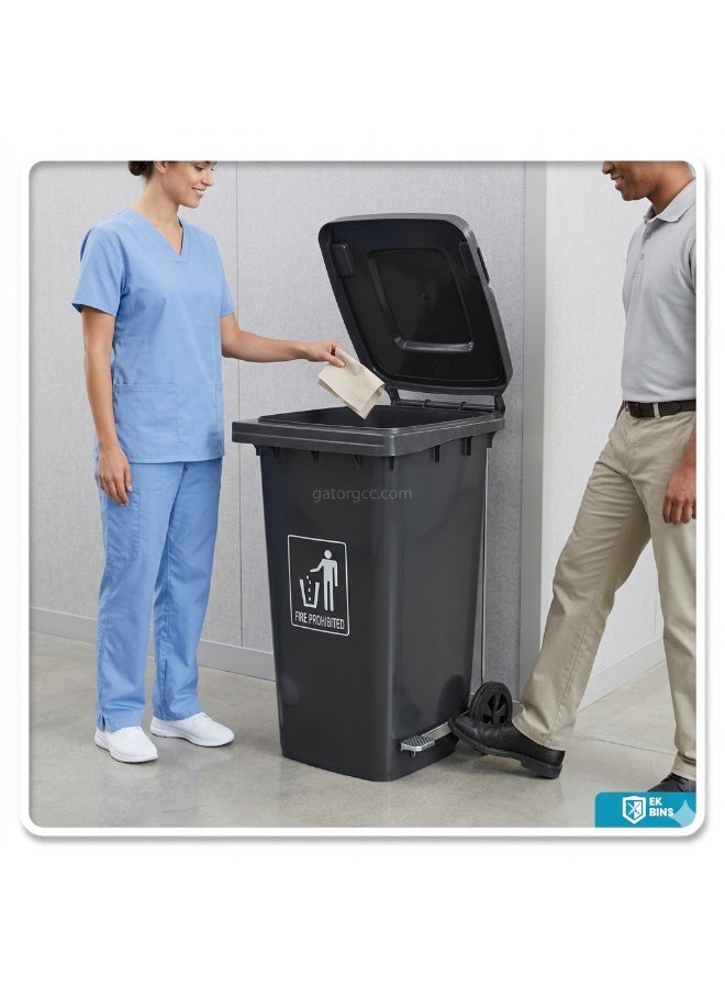 EK Bins Plastic Pedal Garbage Bin | Heavy Duty Wheeled Waste Container with Covered Lid | Commercial Outdoor Trash Can | 240L | Black - Image 3