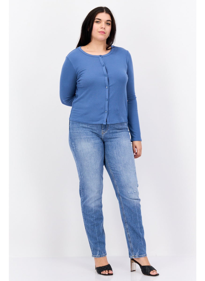 TRIUMPH Women Round Neck Ribbed Cardigan, Slate Blue  - Image 3