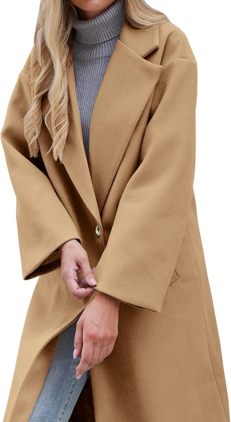 LNKQA Women's Winter Pea Coat Notch Lapel Single Breasted Oversized Long Casual Wool Blend Overcoat (Khaki,Small) - Image 2