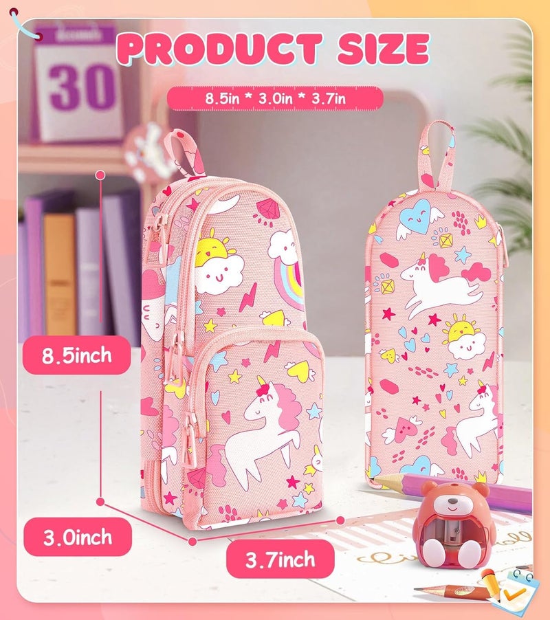 Dravina Canvas Large Capacity Pencil Pouch with 3 Zippers & 5 Compartments| Aesthetic Stationary Standing Pencil Case| Waterproof School Box for Girls & Boys Unicorn Pencil Box (Pink Unicorn) - Image 2