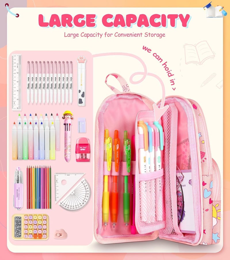 Dravina Canvas Large Capacity Pencil Pouch with 3 Zippers & 5 Compartments| Aesthetic Stationary Standing Pencil Case| Waterproof School Box for Girls & Boys Unicorn Pencil Box (Pink Unicorn) - Image 4