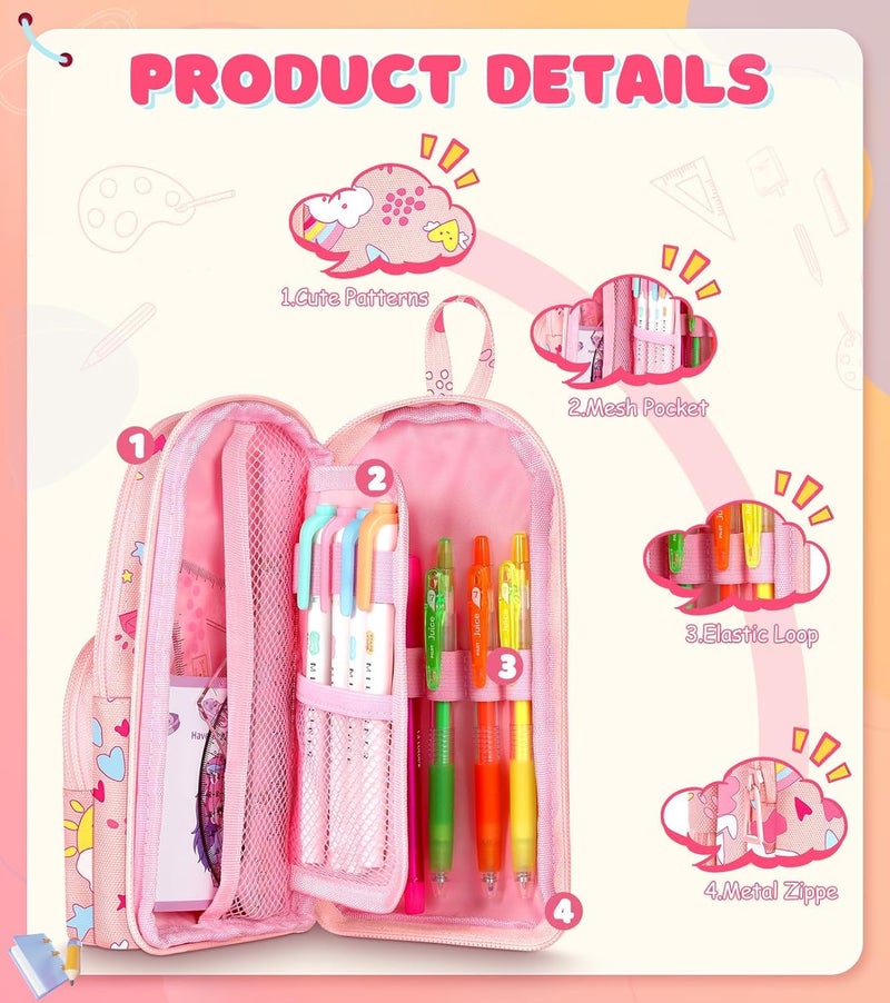 Dravina Canvas Large Capacity Pencil Pouch with 3 Zippers & 5 Compartments| Aesthetic Stationary Standing Pencil Case| Waterproof School Box for Girls & Boys Unicorn Pencil Box (Pink Unicorn) - Image 3