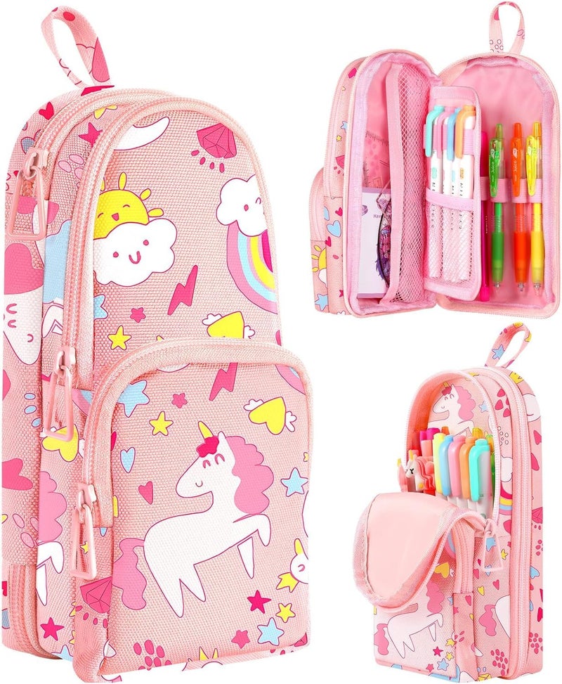 Dravina Canvas Large Capacity Pencil Pouch with 3 Zippers & 5 Compartments| Aesthetic Stationary Standing Pencil Case| Waterproof School Box for Girls & Boys Unicorn Pencil Box (Pink Unicorn) - Image 1