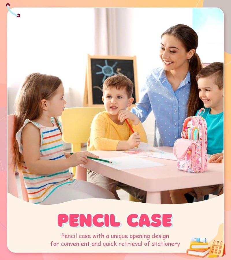 Dravina Canvas Large Capacity Pencil Pouch with 3 Zippers & 5 Compartments| Aesthetic Stationary Standing Pencil Case| Waterproof School Box for Girls & Boys Unicorn Pencil Box (Pink Unicorn) - Image 5