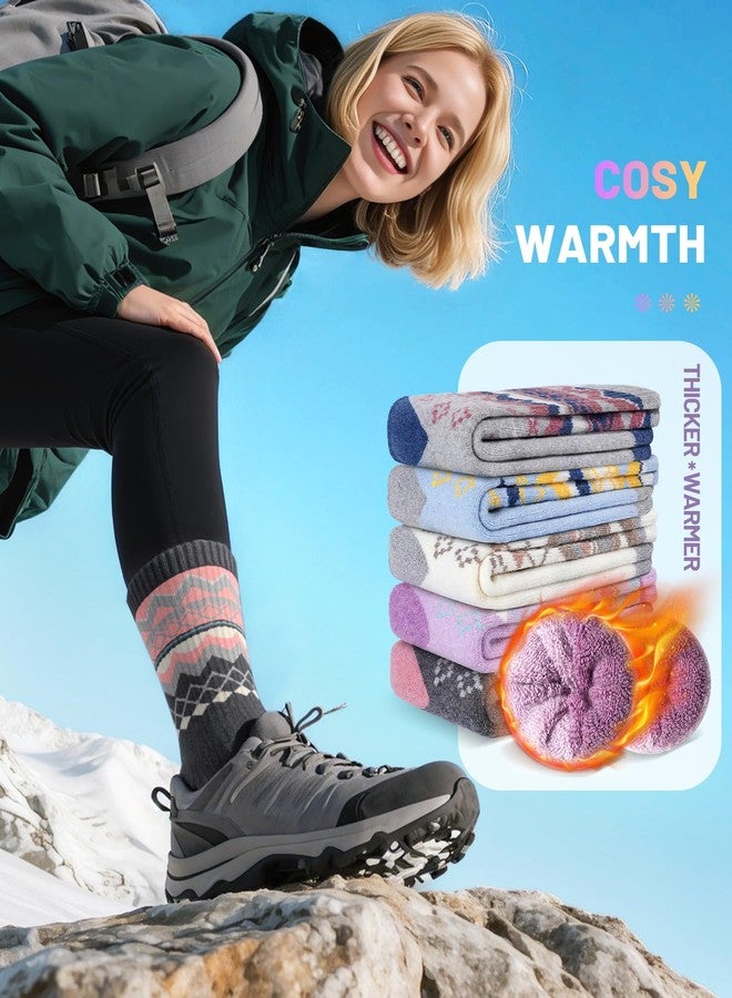 SIMIYA 5 Pairs Merino Wool Socks for Women Winter Thick Warm Hiking Socks Women Thermal Crew Cushion Socks - Image 4