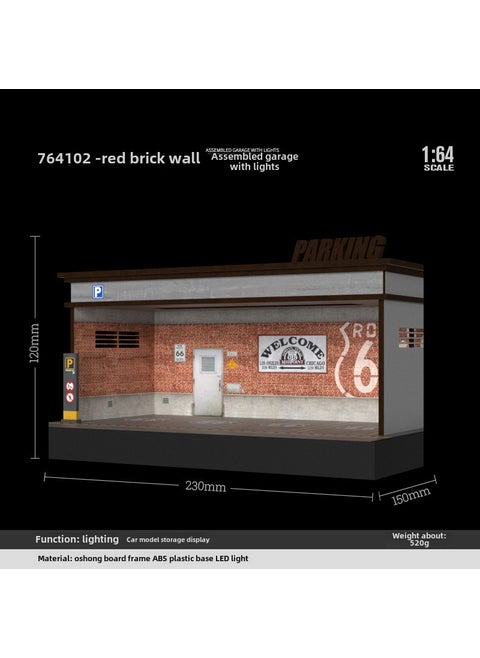 1:64 Scale Display Box Model Car Garage Toy with Light1/64 single-layer garage red brick wall version [single-layer with lights]] 1/64 single-layer garage red brick wall version [single-layer with lights]]