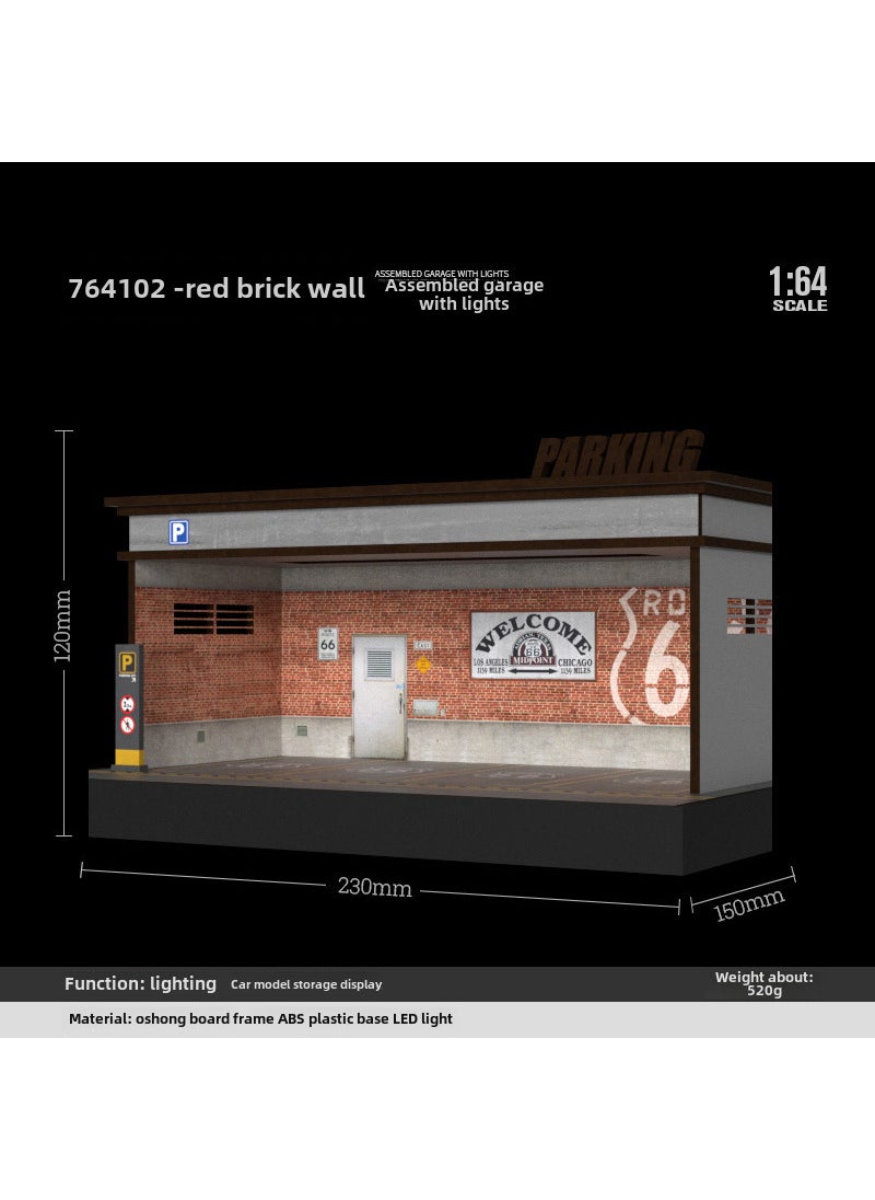 null - 1:64 Scale Display Box Model Car Garage Toy with Light1/64 single-layer garage red brick wall version [single-layer with lights]] 1/64 single-layer garage red brick wall version [single-layer with lights]] - Image 1
