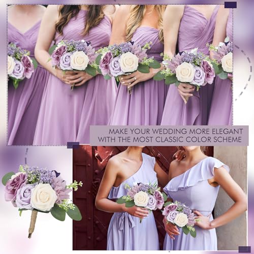 SEMONONIA Artificial Bridesmaid Bouquets 6 Pcs - 7 Inch Pre-made Bridesmaids Bouquet Small Silk Rose Handmade for Wedding Holding Flowers, Bridal Shower Wedding Centerpieces Ceremony and Anniversary- Lilac - Image 3