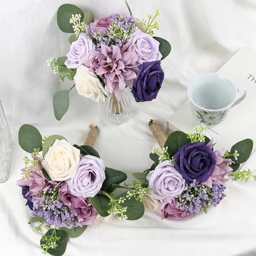 SEMONONIA Artificial Bridesmaid Bouquets 6 Pcs - 7 Inch Pre-made Bridesmaids Bouquet Small Silk Rose Handmade for Wedding Holding Flowers, Bridal Shower Wedding Centerpieces Ceremony and Anniversary- Lilac - Image 5
