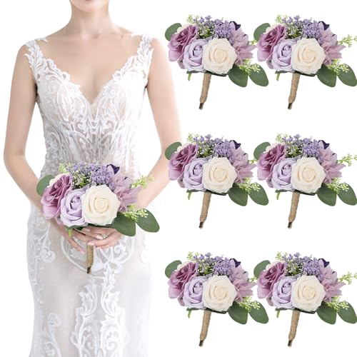 SEMONONIA Artificial Bridesmaid Bouquets 6 Pcs - 7 Inch Pre-made Bridesmaids Bouquet Small Silk Rose Handmade for Wedding Holding Flowers, Bridal Shower Wedding Centerpieces Ceremony and Anniversary- Lilac - Image 1