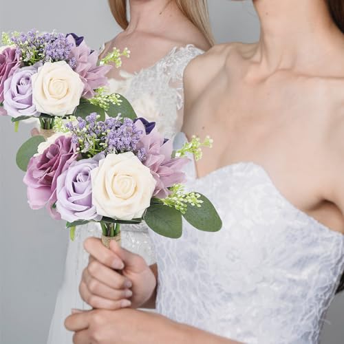 SEMONONIA Artificial Bridesmaid Bouquets 6 Pcs - 7 Inch Pre-made Bridesmaids Bouquet Small Silk Rose Handmade for Wedding Holding Flowers, Bridal Shower Wedding Centerpieces Ceremony and Anniversary- Lilac - Image 2