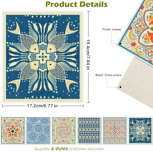 Revahope 6 Packs Swedish Paper Cloths for Kitchen, Reusable Paper Towels Washable Dish Rags, Highly Absorbent Kitchen Towels Quick Drying Swedish Sponge Cleaning Dish Cloths (Fish Ornamentation) - Image 2