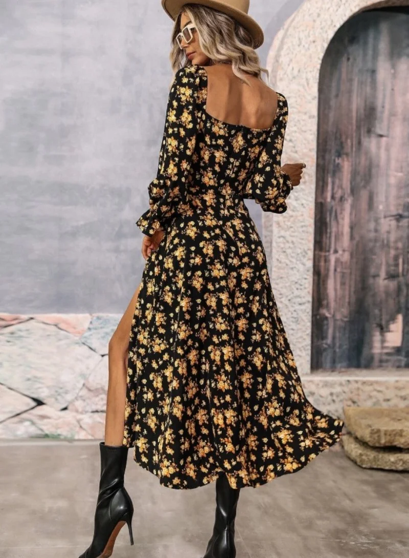 يونيكي Black Asymmetric Floral Square Neck Long Sleeve Dress