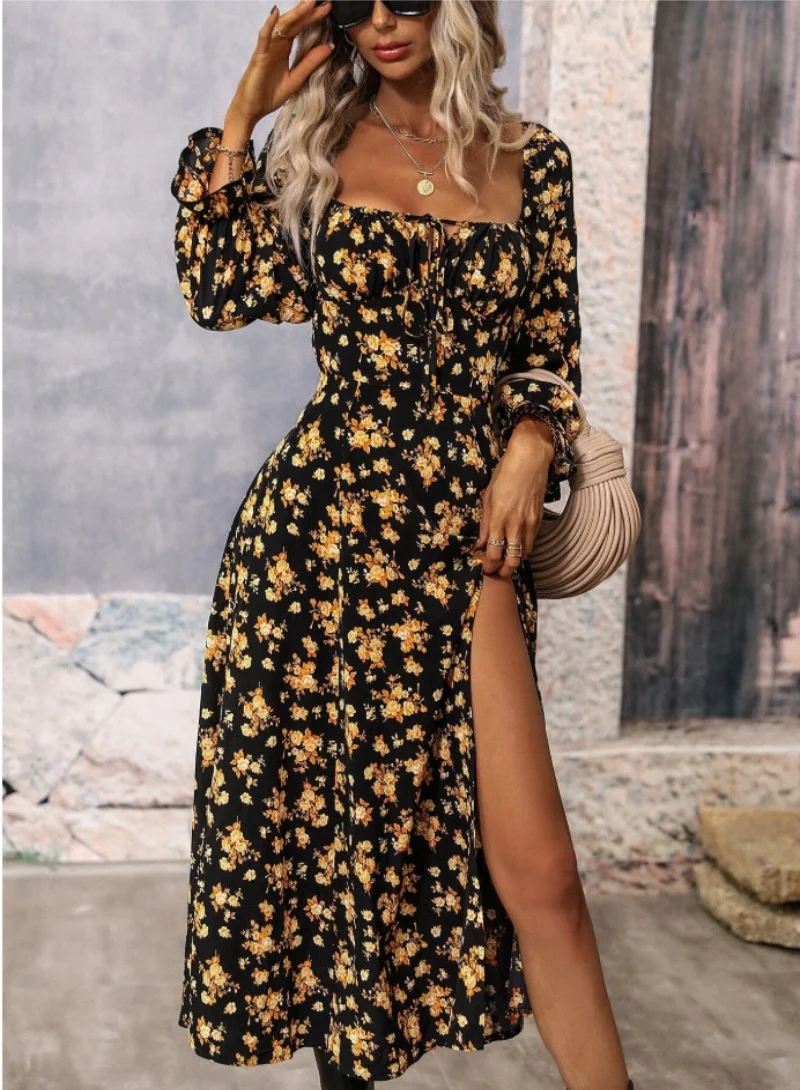 يونيكي Black Asymmetric Floral Square Neck Long Sleeve Dress