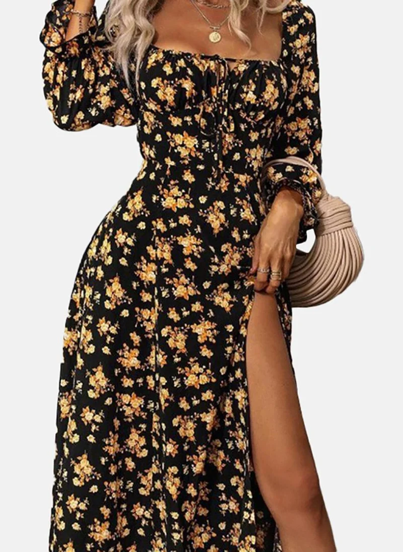 يونيكي Black Asymmetric Floral Square Neck Long Sleeve Dress