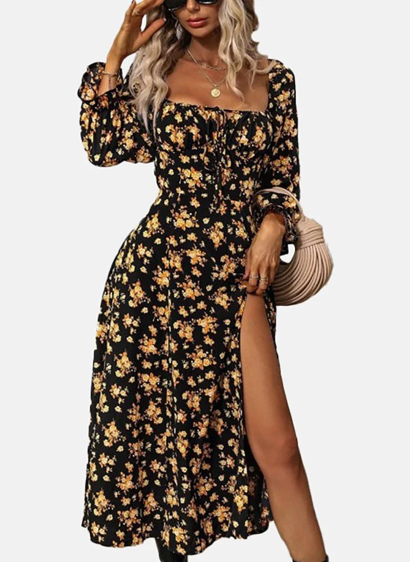 يونيكي Black Asymmetric Floral Square Neck Long Sleeve Dress