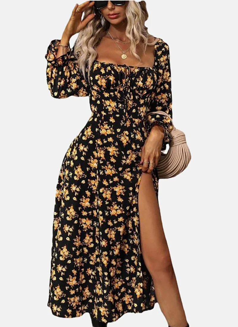 يونيكي Black Asymmetric Floral Square Neck Long Sleeve Dress