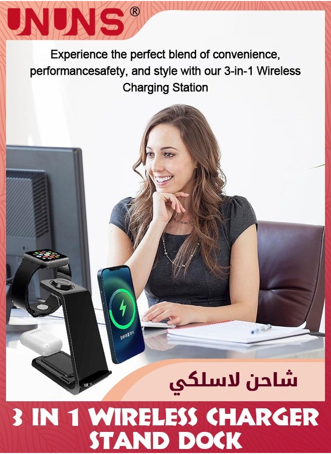 UNUNS - Wireless Charger,3-in-1 Fast Qi Wireless Charging Station Stand Dock For Apple Watch 9/8/7/6/5/4/3/2,iPhone 15/14/13/12/11 Seirs,Airpods Prom,Android,Galaxy Devices,Charging For Home Office - Image 1