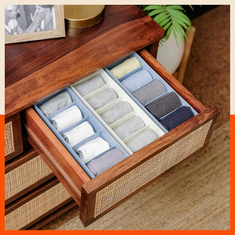 Bathla منظمات الأدراج (مجموعة من 4) - 5 أقسام فواصل تخزين متعددة الاستخدامات للخزائن | منظمات خزانة قابلة للتكديس للجوارب، الملابس الداخلية، الروابط، المجوهرات والقرطاسية | صندوق تخزين بلاستيكي | متعدد الألوان - Image 3