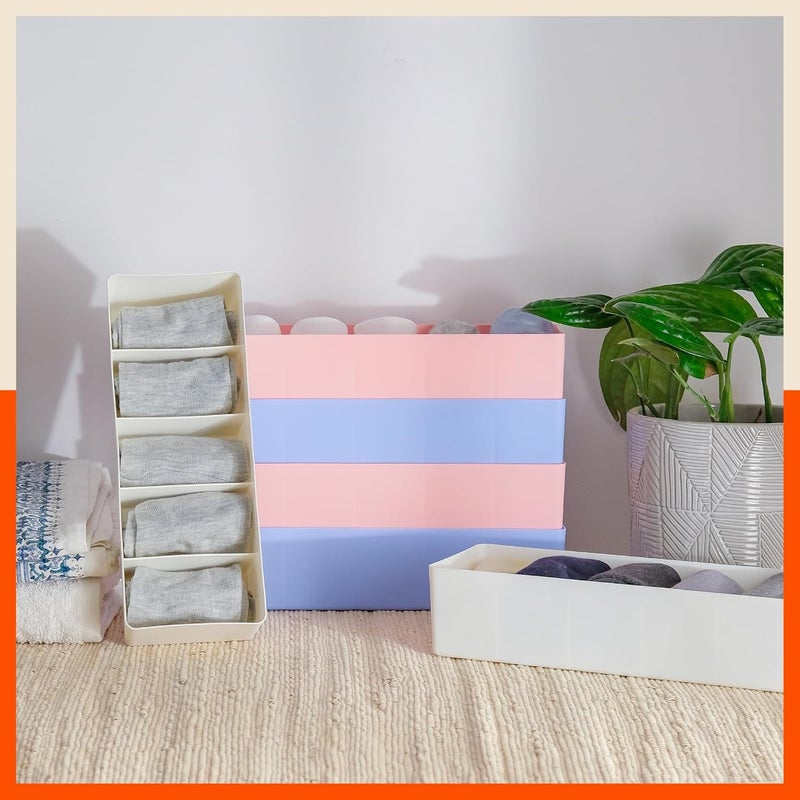 Bathla منظمات الأدراج (مجموعة من 4) - 5 أقسام فواصل تخزين متعددة الاستخدامات للخزائن | منظمات خزانة قابلة للتكديس للجوارب، الملابس الداخلية، الروابط، المجوهرات والقرطاسية | صندوق تخزين بلاستيكي | متعدد الألوان - Image 5