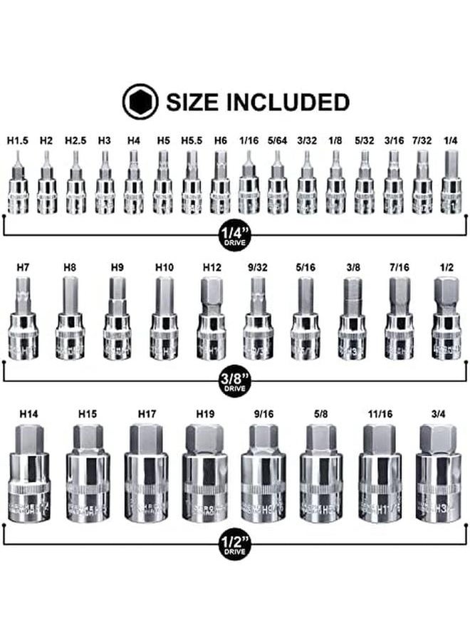 Master - Hex Bit Socket Set Allen Wrench Bit Kit Hex Key For Ratchet Socket Tool Sae And Metric Set 3 8 1 4 1 2 Drive Socket Set 34 Piece - Image 1