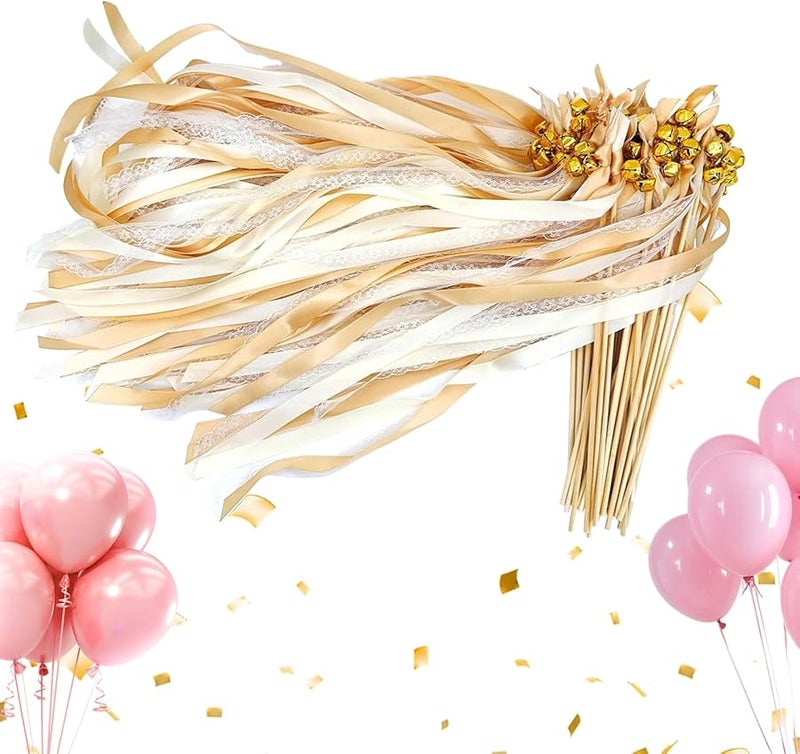 Champagne Wedding Wands With Bells 50 Pieces Ribbon Streamers For Guests Send Off - Image 1