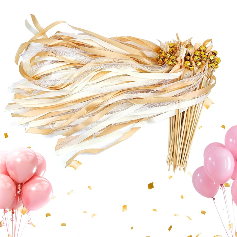 Champagne Wedding Wands With Bells 50 Pieces Ribbon Streamers For Guests Send Off - Image 2