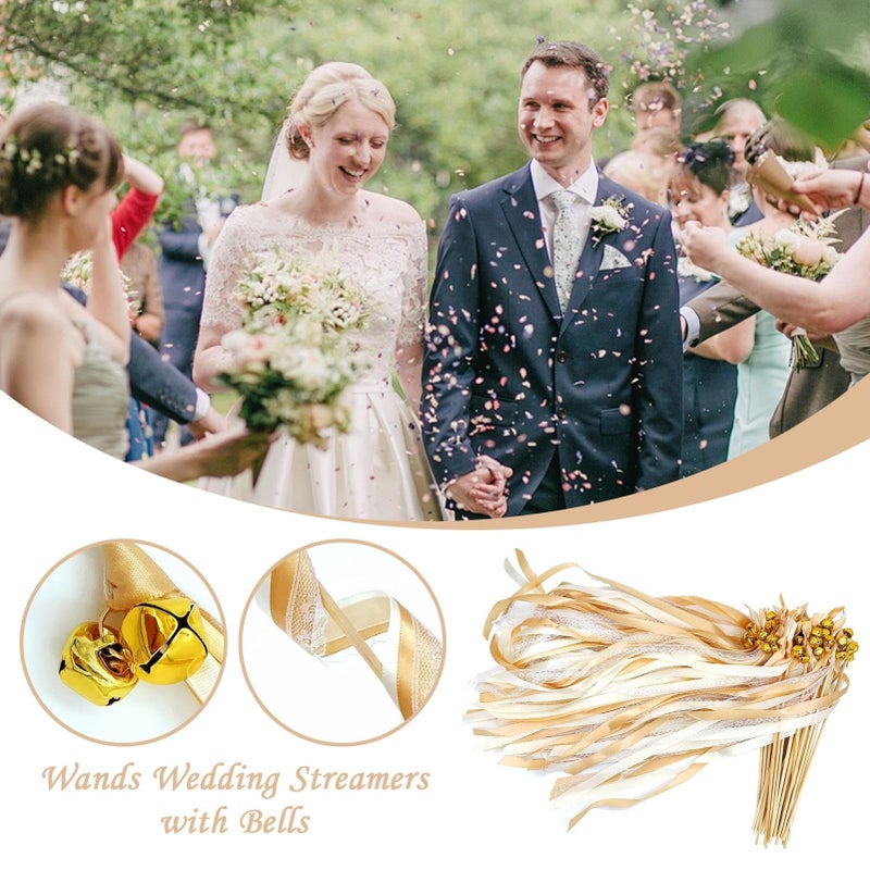 Champagne Wedding Wands With Bells 50 Pieces Ribbon Streamers For Guests Send Off - Image 4