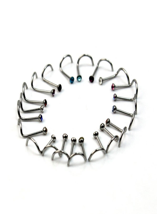 CrazyPiercing 20pcs Colorful Rhinestone Steel Screw Nose Rings Studs Bar Pin Piercing Jewelry (20 pcs) - Image 1