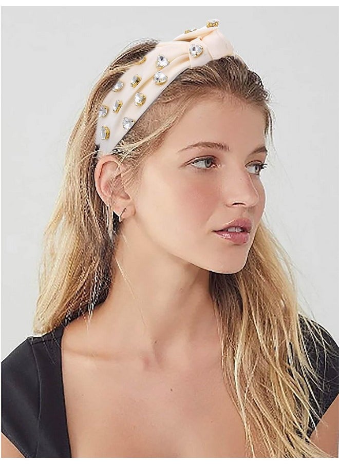 Blindery - Rhinestone Knotted Headband Top Knot Hair Bands Teacher Headbands Fashion Hair Accessories For Women And Girls (White) - Image 1