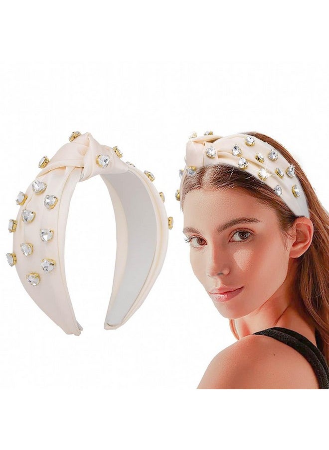 Blindery - Rhinestone Knotted Headband Top Knot Hair Bands Teacher Headbands Fashion Hair Accessories For Women And Girls (White) - Image 1
