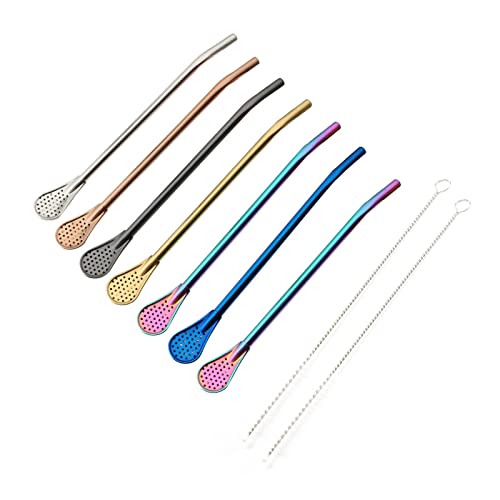 Reusable Straws Spoon for Yerba Mate Stainless Steel Straw Spoon Filter Strainers for Loose Tea Coffee Stirrers Smoothie Slushy Straws 9 Pcs 6 Colors with 2 Cleaner Brushes