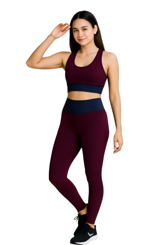 Malvina Women's Seamless Yoga Set – High-Waist Leggings and Sports Bra (Maroon,Medium) - Image 1