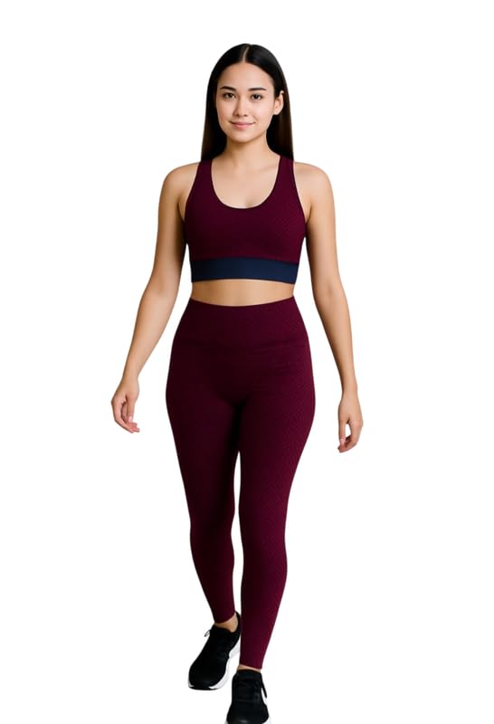 Malvina Women's Seamless Yoga Set – High-Waist Leggings and Sports Bra (Maroon,Medium) - Image 2