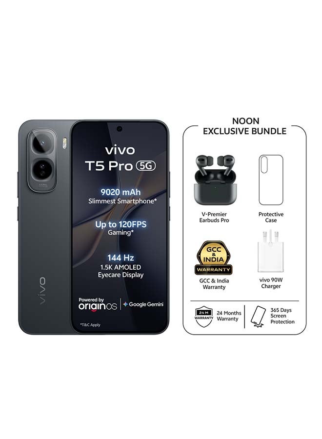 vivo T5 Pro 5G AI Dual SIM Black 8GB 256GB With Exclusive Gifts: TWS Pro, 90W charger, Protective Cover And 24 Months Warranty + 1 Year Screen Replacement - Middle East Version - Image 1