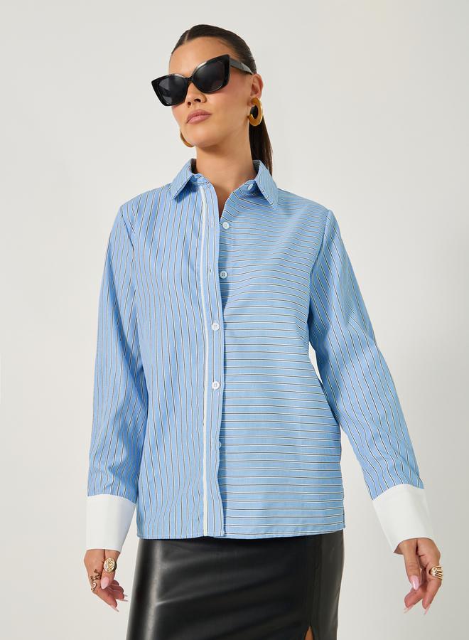 Styli Striped Regular Fit Shirt with Solid Contrast Cuffs Detail  - Image 1