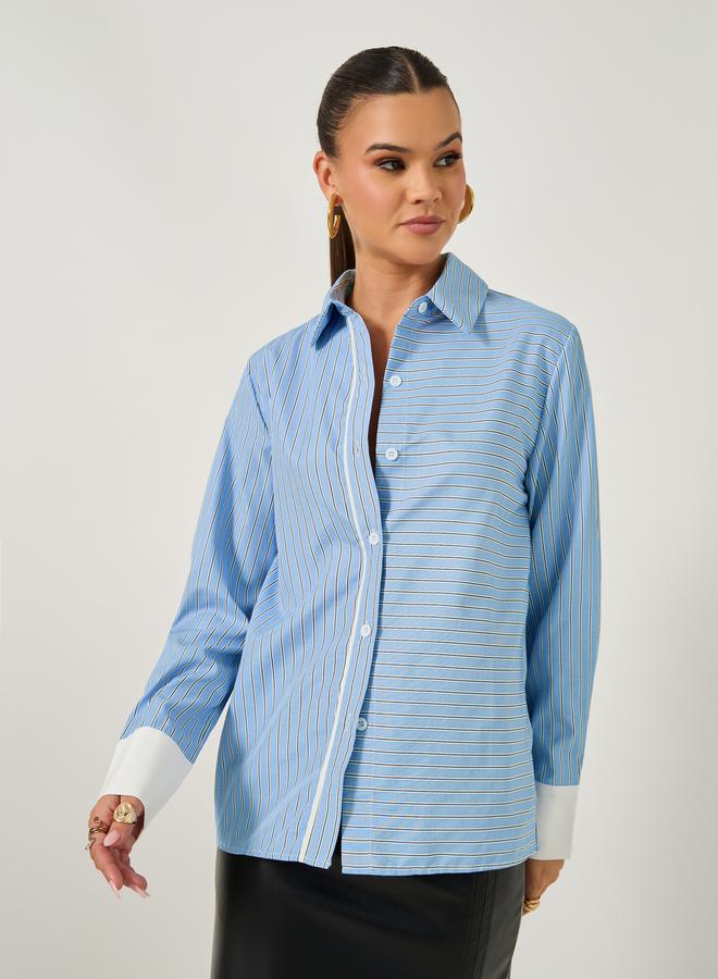 Styli Striped Regular Fit Shirt with Solid Contrast Cuffs Detail  - Image 2