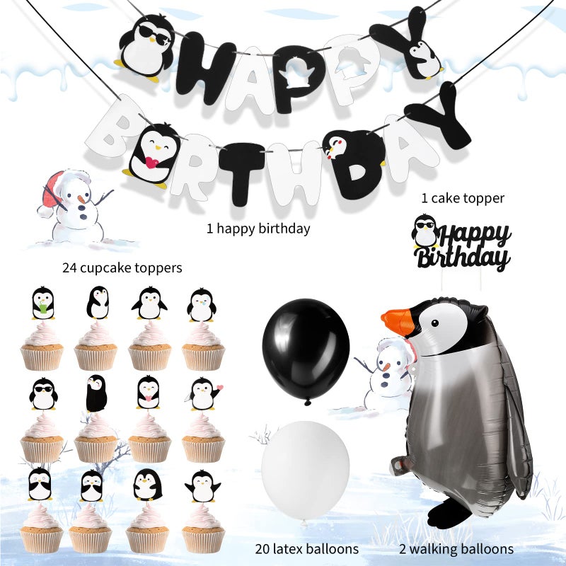Gejoy 48 Pcs Penguin Birthday Party Decoration Includes Happy Birthday Penguin Banner Walking Balloons Cake Topper Latex Balloons Party Supplies for Winter Baby Shower - Image 2